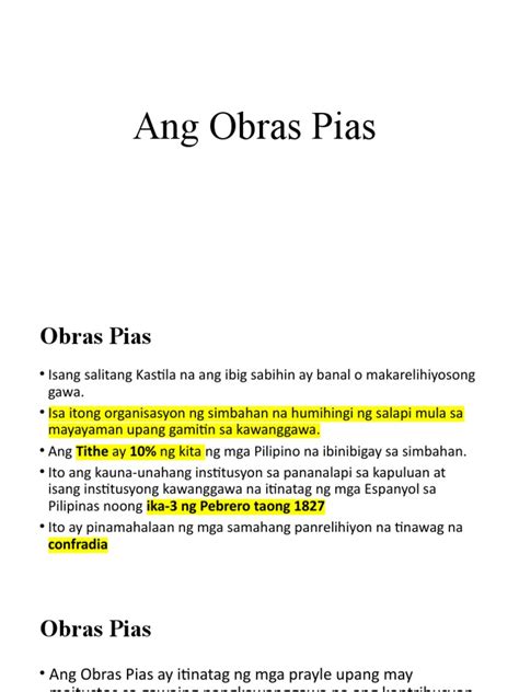 Ano ang kahulugan Ng obras pias .